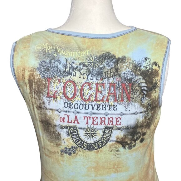 Vintage Y2K Blue Tan Rhinestone Graphic Tank 100% Cotton. Large. Western Artsy - Picture 9 of 11